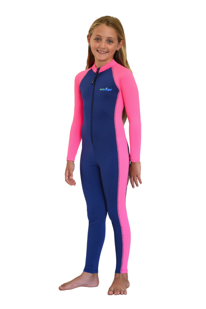 Girls stinger suit navy pink uv protection